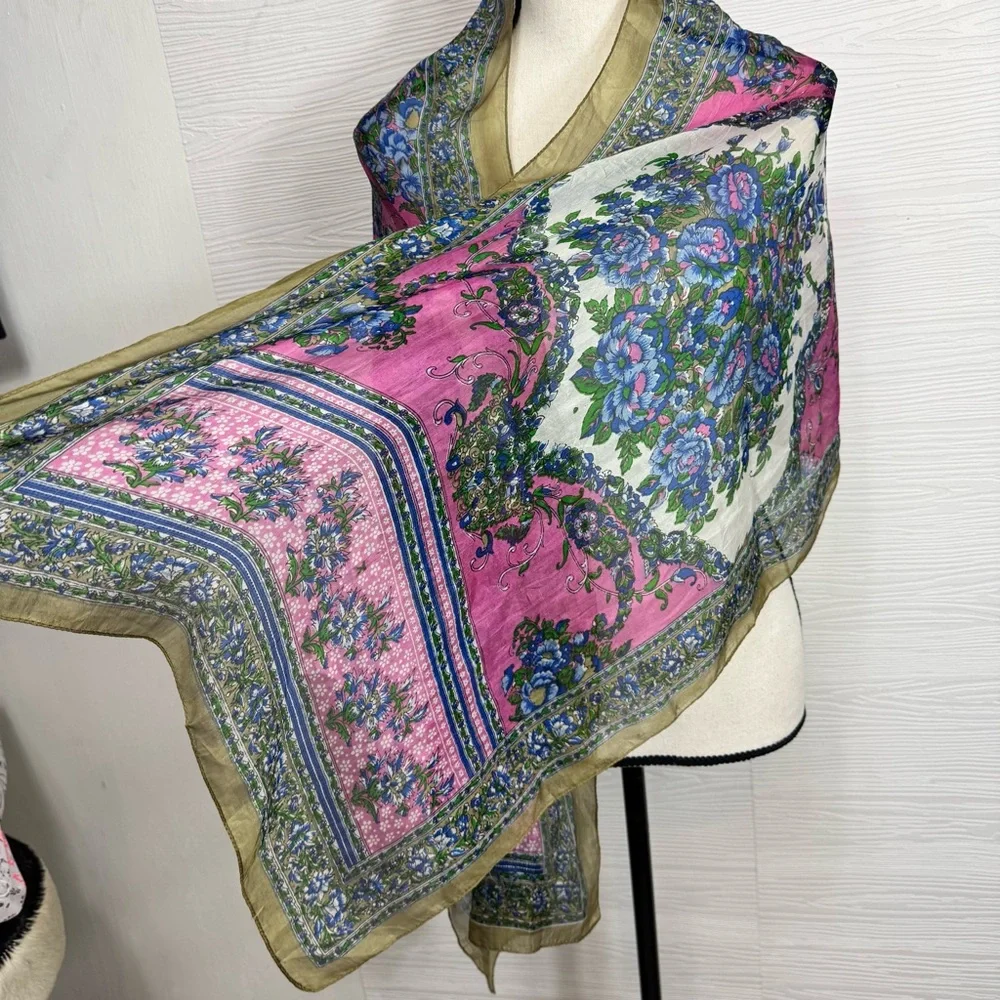 Silk Floral‎ Pink and Green Printed Scarf